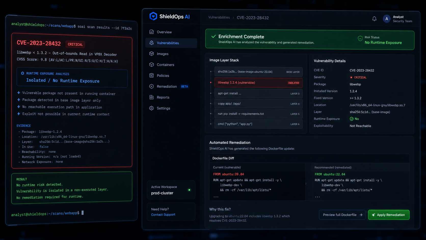 Contextual vulnerability enrichment showing CVE analysis and runtime exposure verification on ShieldOps AI