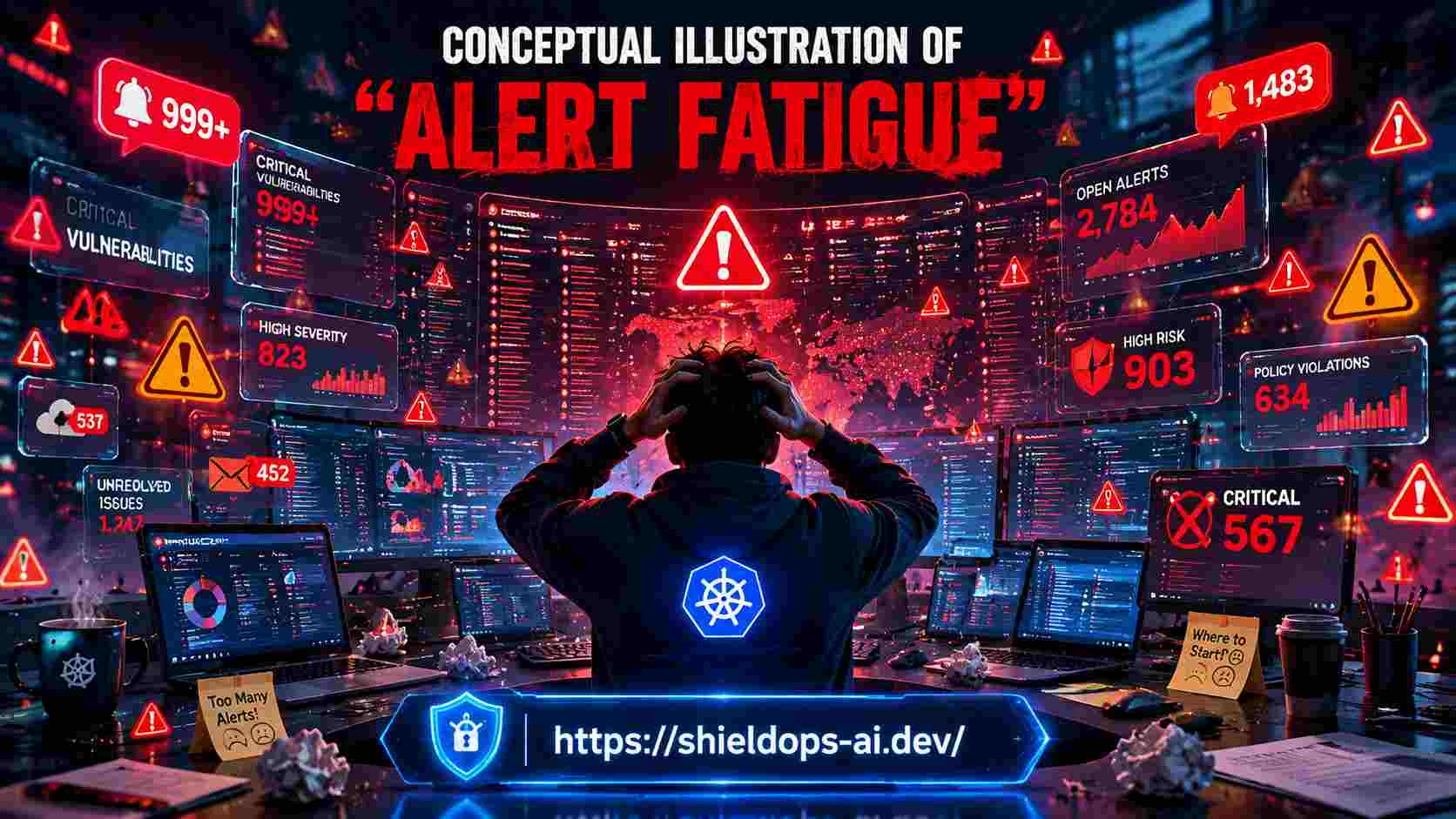 A DevSecOps engineer overwhelmed by context-free Kubernetes alert noise across multiple dashboards in ShieldOps AI